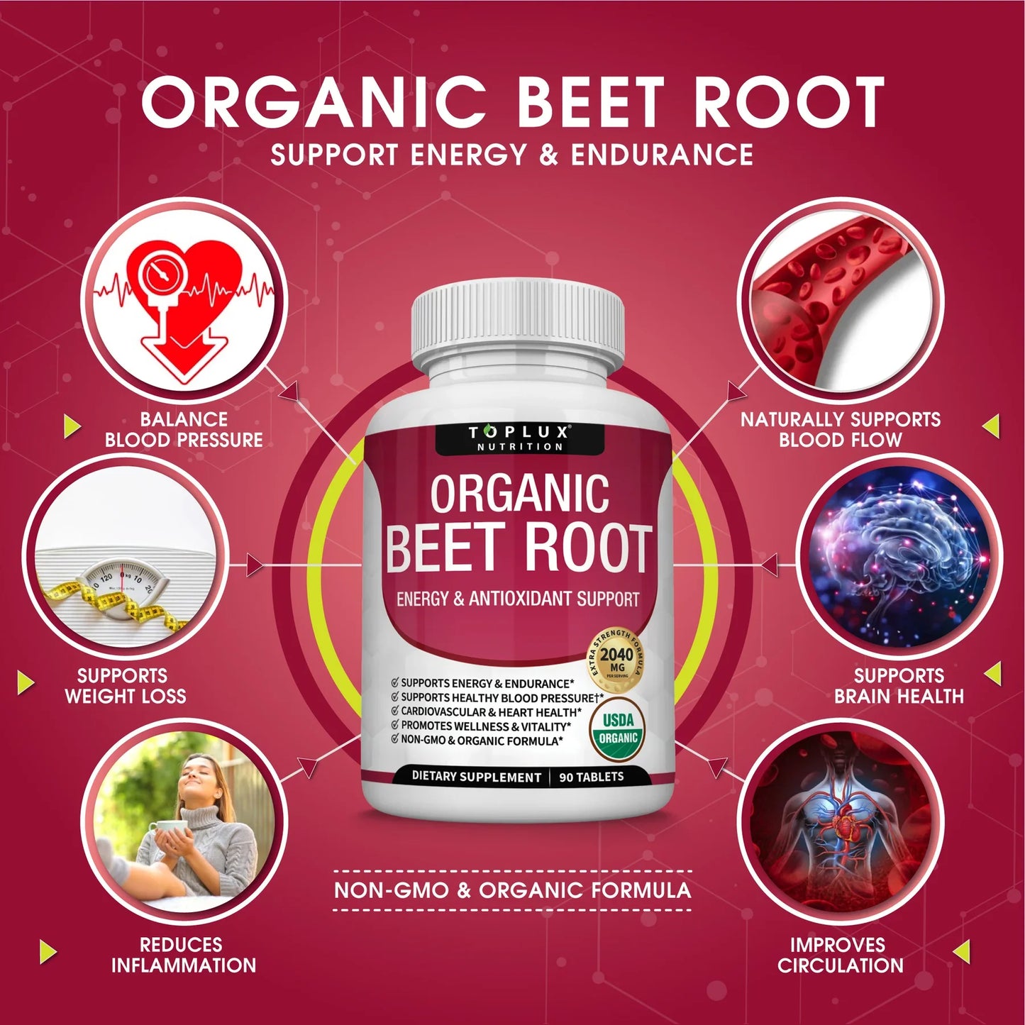 Organic Beet Root Powder Tablets 2040mg Energy & Circulation Support (90 Ct)