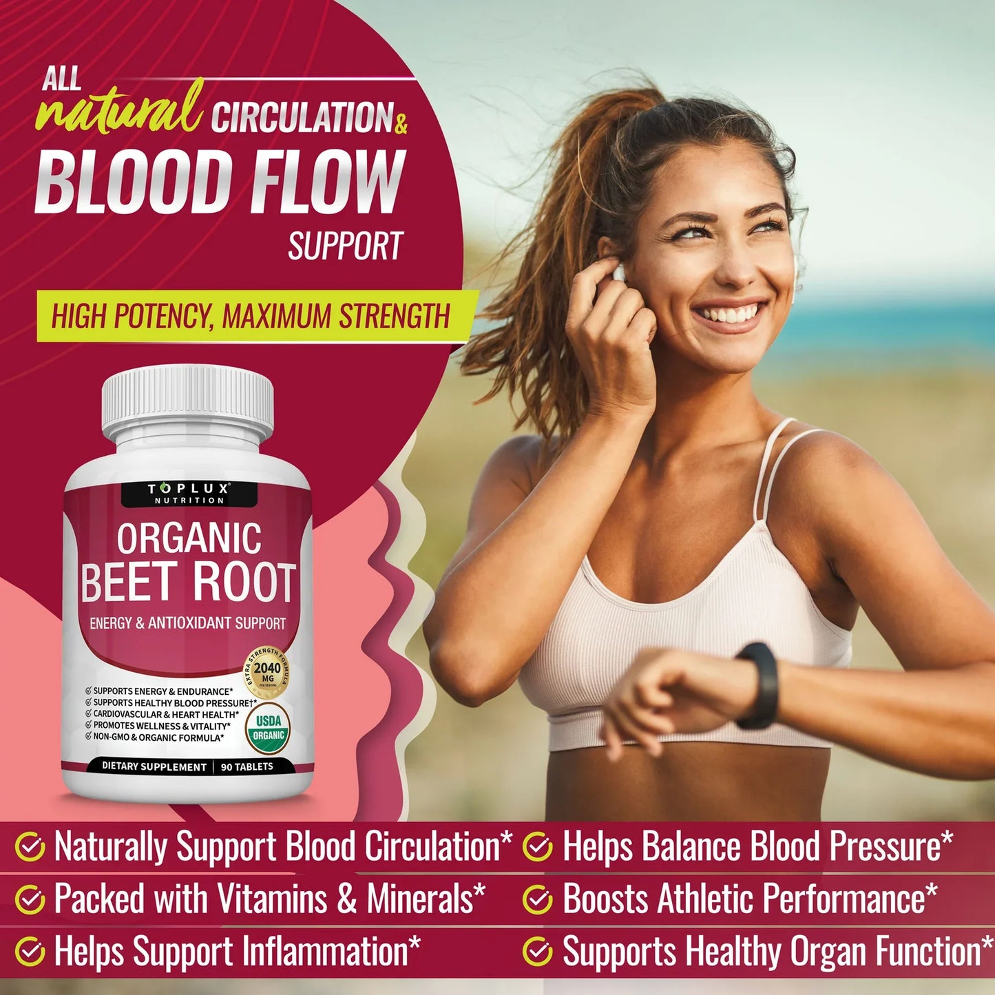 Organic Beet Root Powder Tablets 2040mg Energy & Circulation Support (90 Ct)