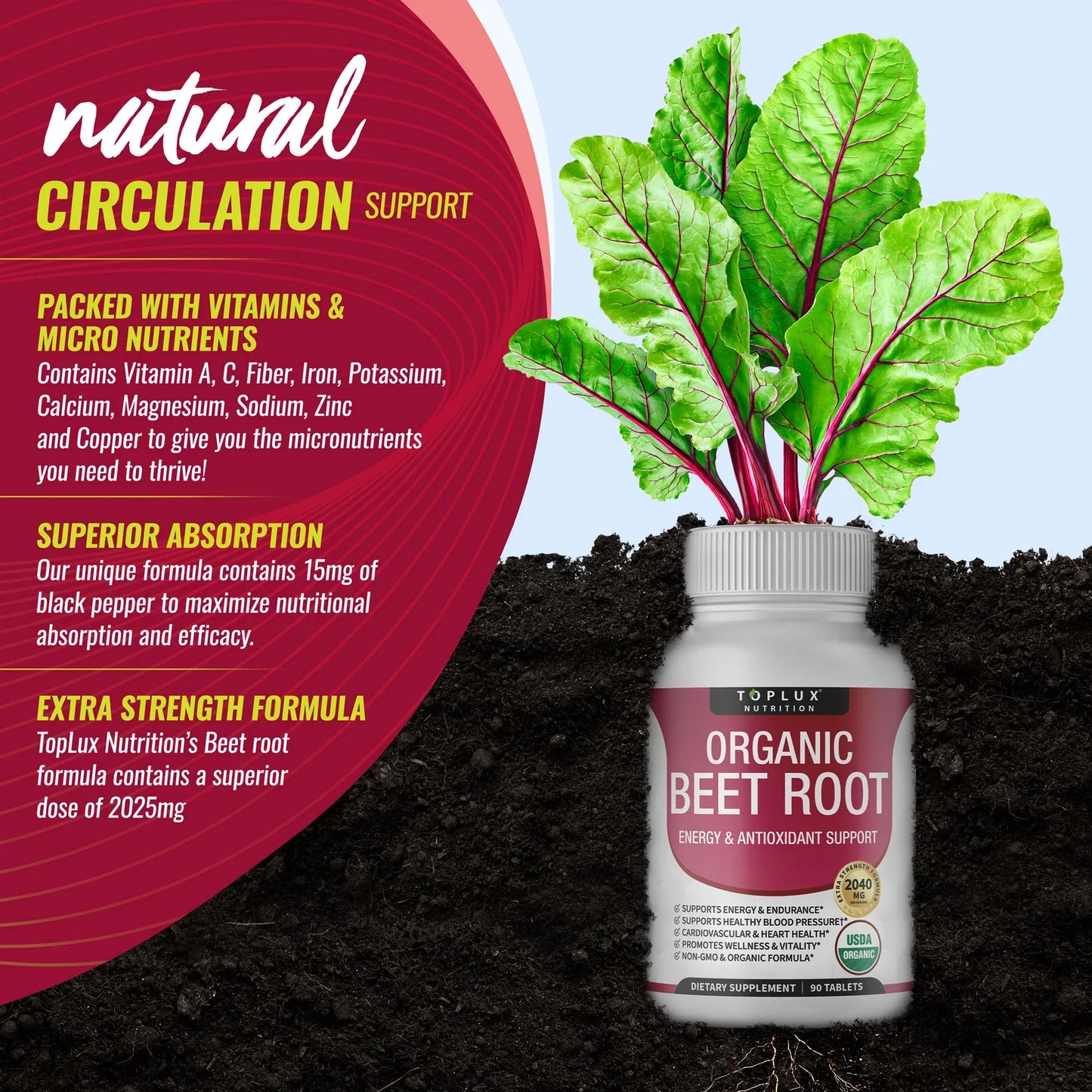 Organic Beet Root Powder Tablets 2040mg Energy & Circulation Support (90 Ct)