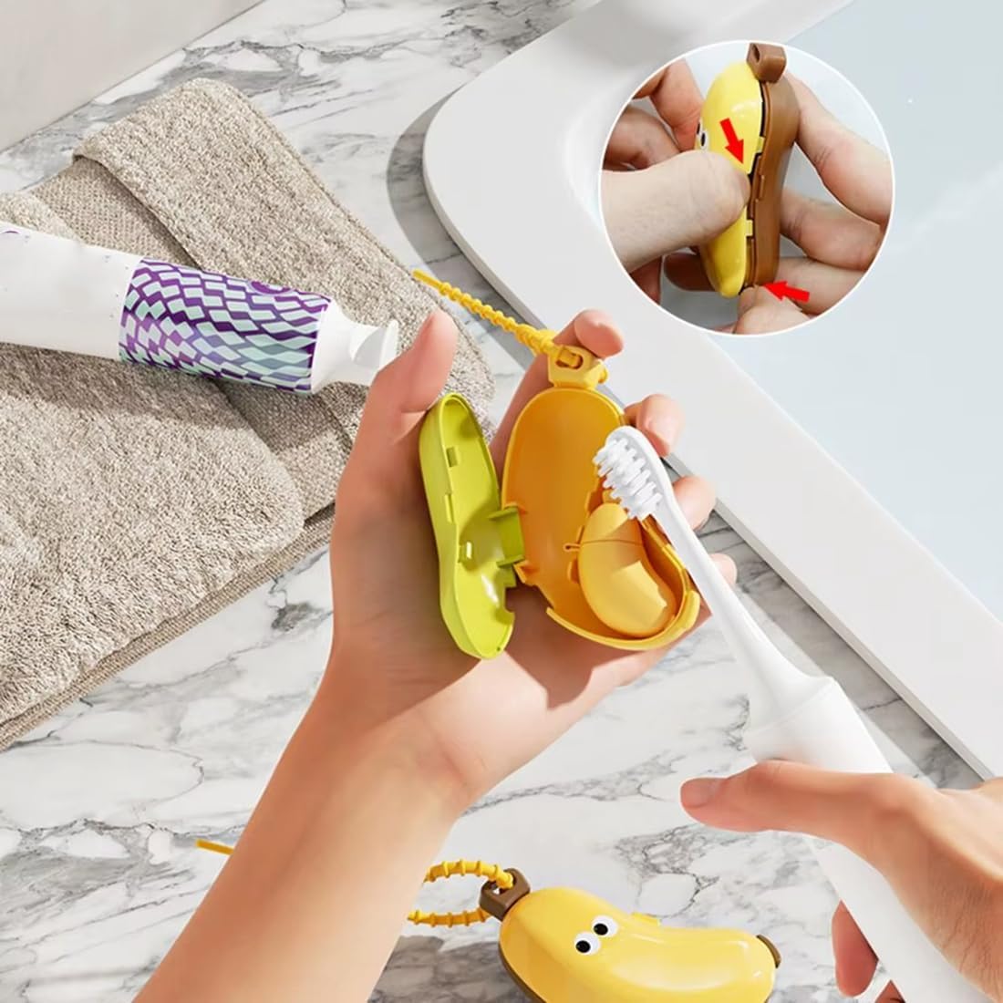 2PCS Banana Toothbrush Case, Cute Banana Travel Toothbrush Storage Box, Portable 2in1 Toothbrush Cover- with Toothpaste Dispenser for Hiking Camping