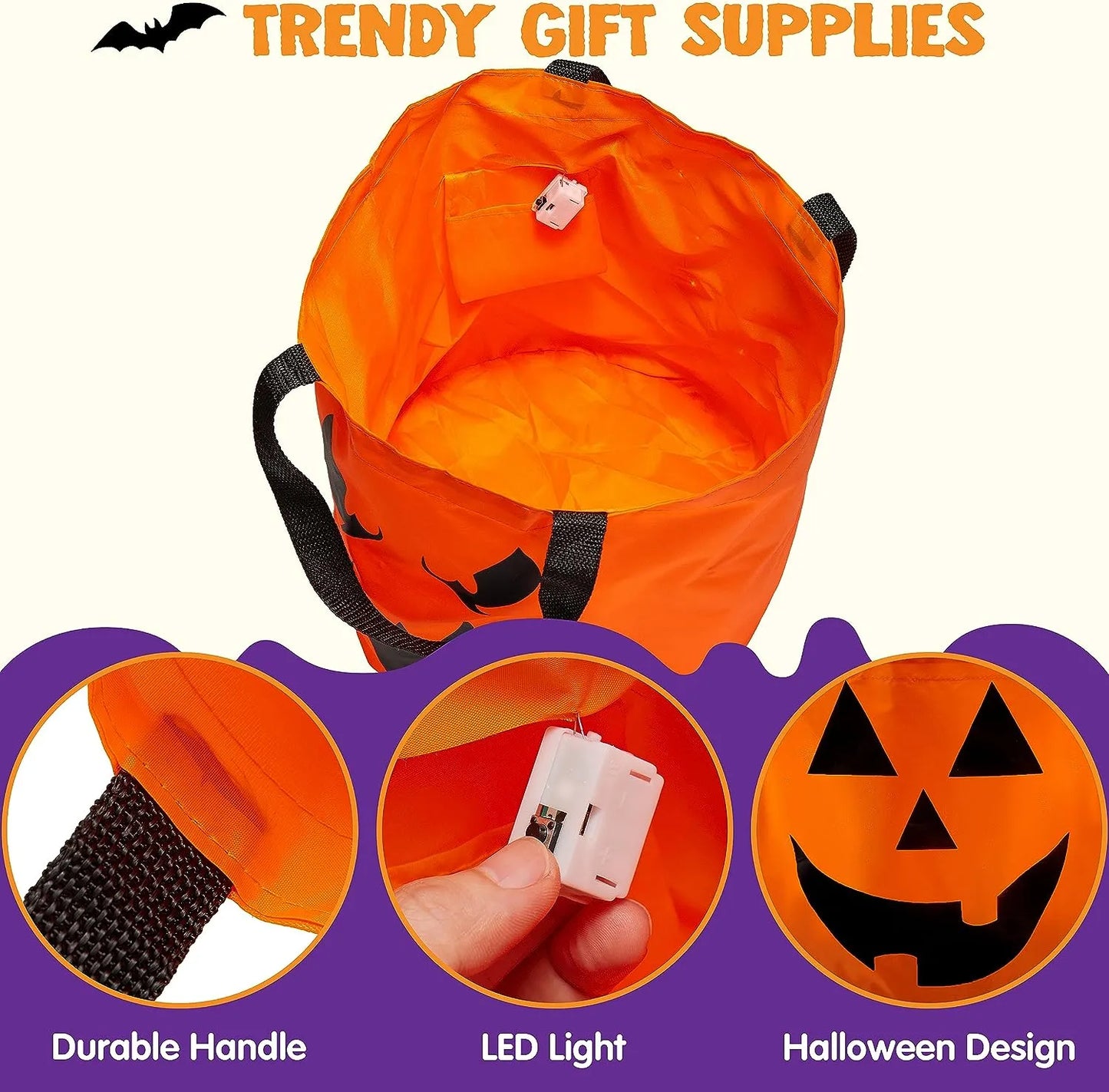 LED Light-Up Halloween Pumpkin Candy Tote Bag Trick or Treat Party Bucket