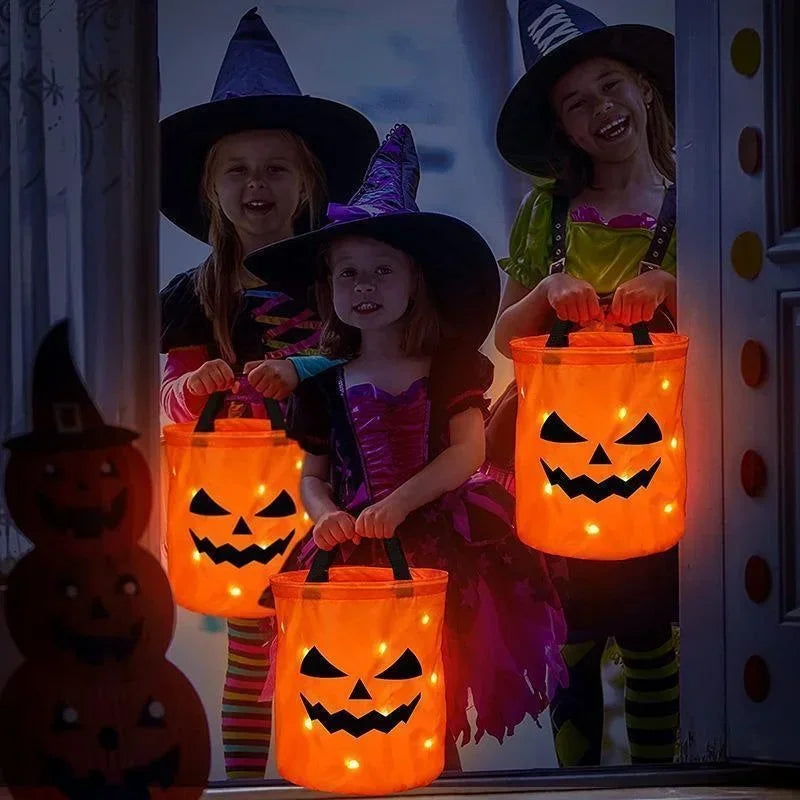 LED Light-Up Halloween Pumpkin Candy Tote Bag Trick or Treat Party Bucket