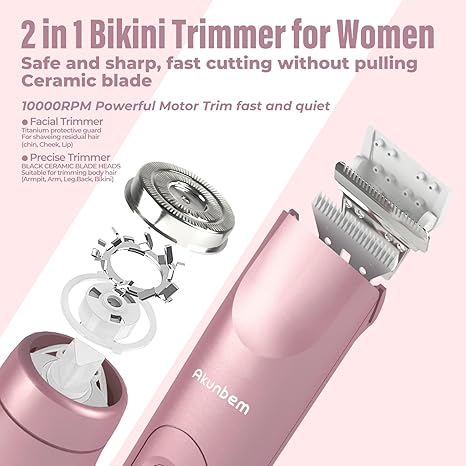 2 in 1 Women Electric Shaver Dual Head Bikini Trimmer IPX7 Waterproof Wet and Dry Dual Use Body Hair Trimmer Facial Hair Remover for Bikini Underarms Legs Arms Body Face Pink