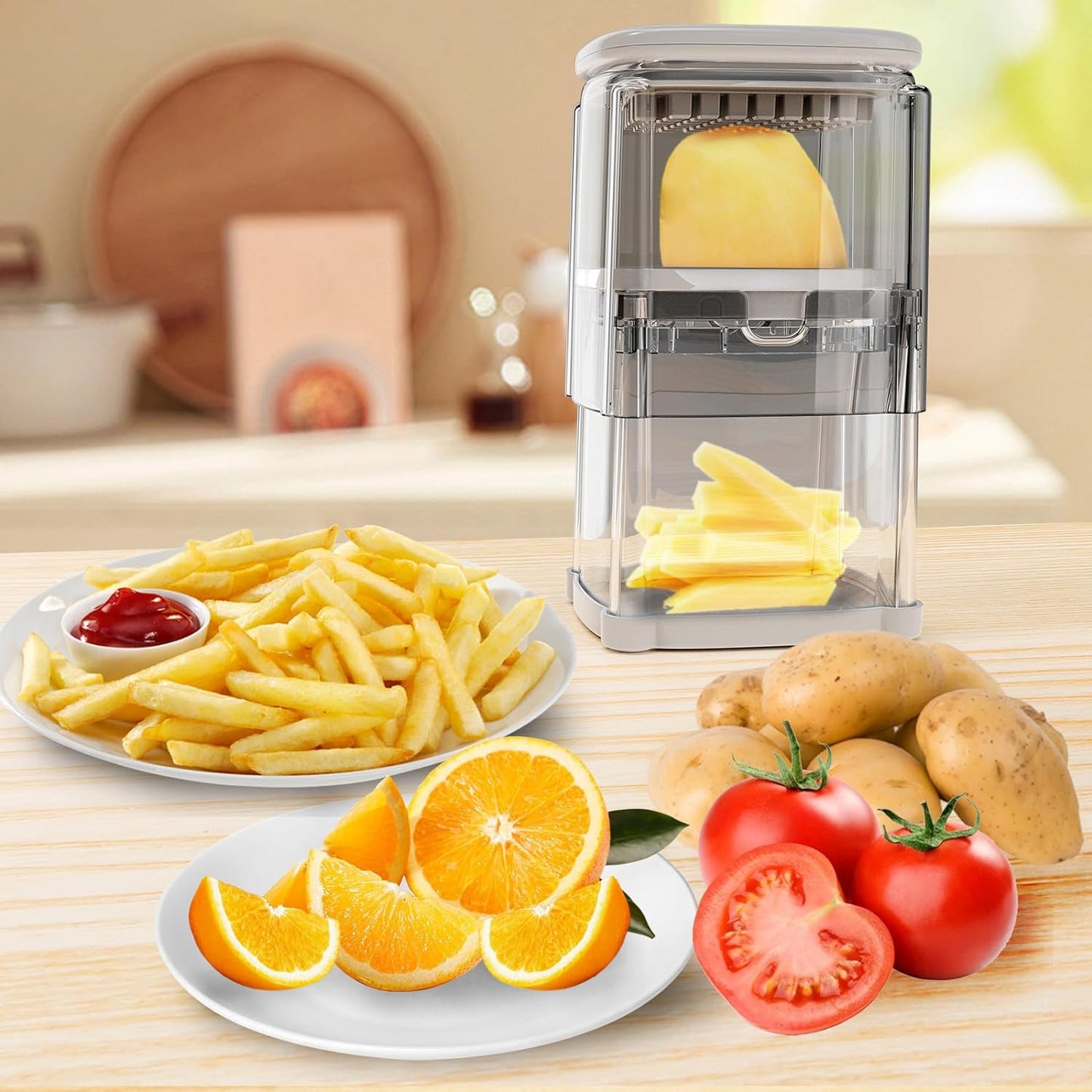 French Fry Cutter 4-in-1 – Potato Cutter for Fries, Onion Dicer, Food Chopper & Apple Slicer – Manual Hand Vegetable Cutter with 4 Blades