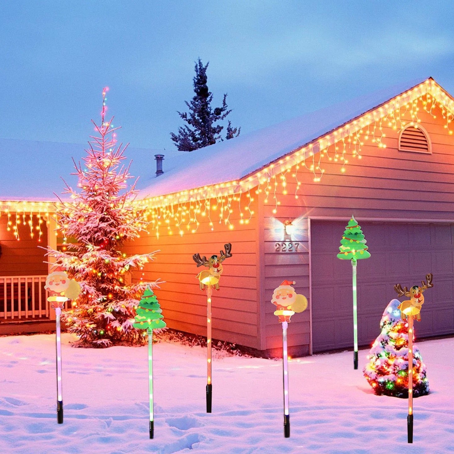 🎅 6-Pack Solar Christmas Decorative Lights Christmas-Themed LED Fairy Lights Featuring Santa Claus, Christmas Trees, and Reindeer Plastic Material IP44 Waterproof Rating Ideal for Lawn and Garden Pathway Decorations Holiday Decorations