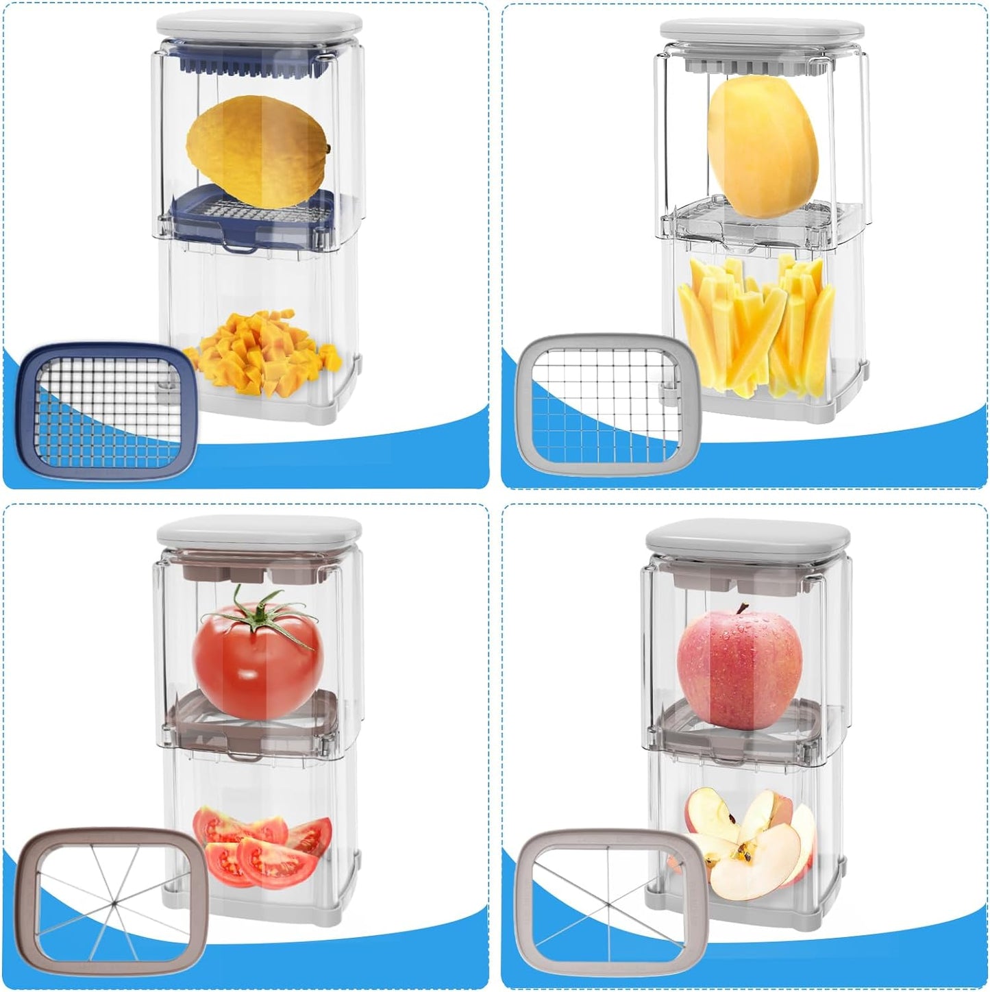 French Fry Cutter 4-in-1 – Potato Cutter for Fries, Onion Dicer, Food Chopper & Apple Slicer – Manual Hand Vegetable Cutter with 4 Blades