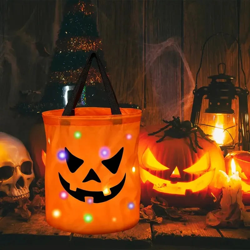 LED Light-Up Halloween Pumpkin Candy Tote Bag Trick or Treat Party Bucket