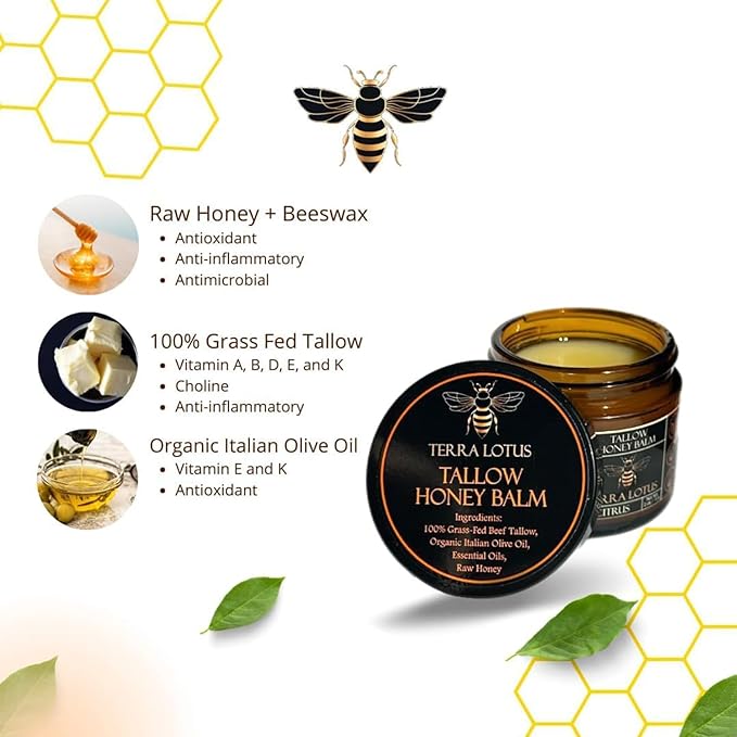 Organic Grass-Fed Beef Tallow Balm with Raw Honey - Moisturizing Cream for Soft, Smooth Skin - Handmade All-Natural Moisturizer 57g.