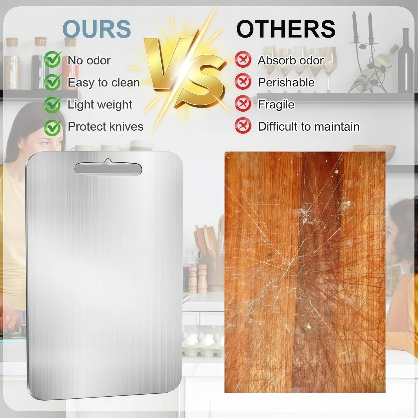 304 Stainless Steel Cutting Board for Kitchen - Double-Sided Non-Stick Chopping Board - Thin & Lightweight Design (11.02x15.35 Inch)