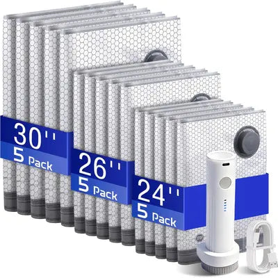 Travel Vacuum Storage Bag Set – 15-Pack Compression Bags for Carry-On Suitcases  – USB Rechargeable Handheld Pump with Built-In Battery – waterproof, reusable