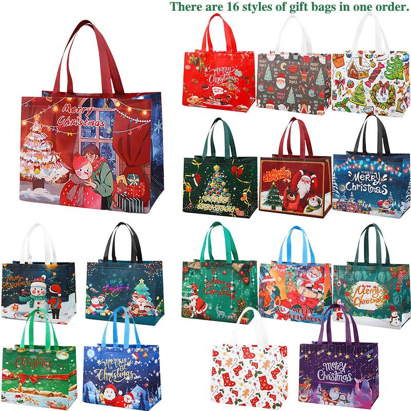 Reusable Christmas Gift Bags Set of 16 | Assorted Holiday Designs, Water-Resistant & Foldable for Easy Storage