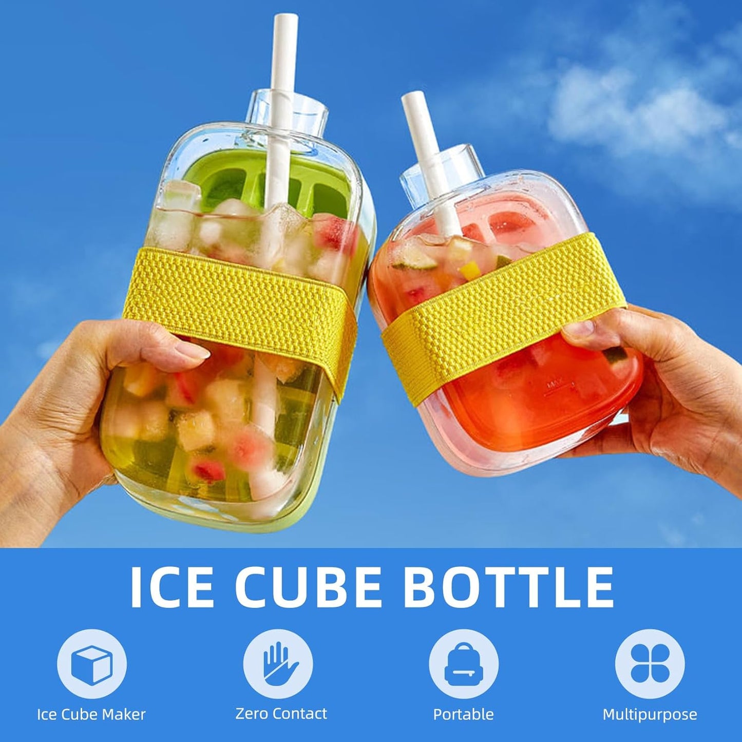800ml 2-in-1 Ice Cube Maker Bottle – Water Bottle with Straw for Iced Drinks