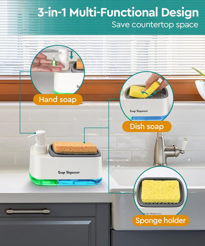 Kitchen Dish Soap Dispenser Set，Dish and Hand Soap Dispenser with Sponge Holder, 3-in-1 Countertop Sponge Dual Soap Pump Dispenser for Kitchen Sink