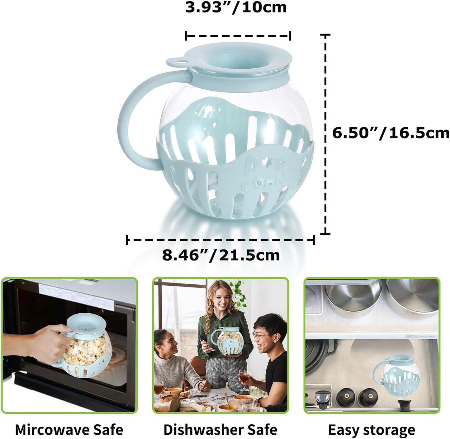 Glass Microwave Popcorn Popper, 2.25QT Original Popcorn Jar with Silicone Lid, Without BPA, Dishwasher Safe