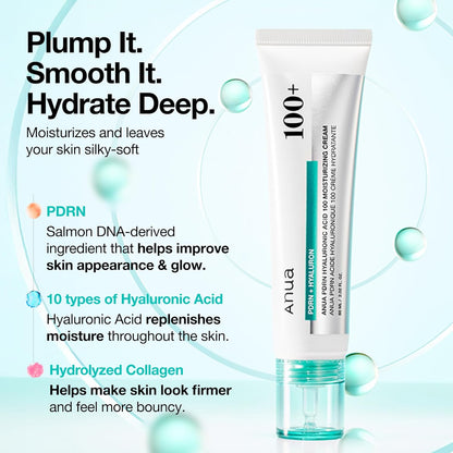 PDRN Hyaluronic Acid 100 Moisturizing Cream | Lightweight Hydrating Moisturizer with Salmon DNA, Hyaluronic Acid & Collagen  60ml