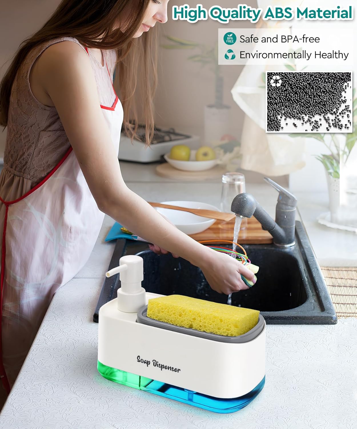 Kitchen Dish Soap Dispenser Set，Dish and Hand Soap Dispenser with Sponge Holder, 3-in-1 Countertop Sponge Dual Soap Pump Dispenser for Kitchen Sink