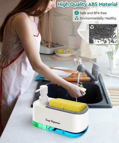 Kitchen Dish Soap Dispenser Set，Dish and Hand Soap Dispenser with Sponge Holder, 3-in-1 Countertop Sponge Dual Soap Pump Dispenser for Kitchen Sink