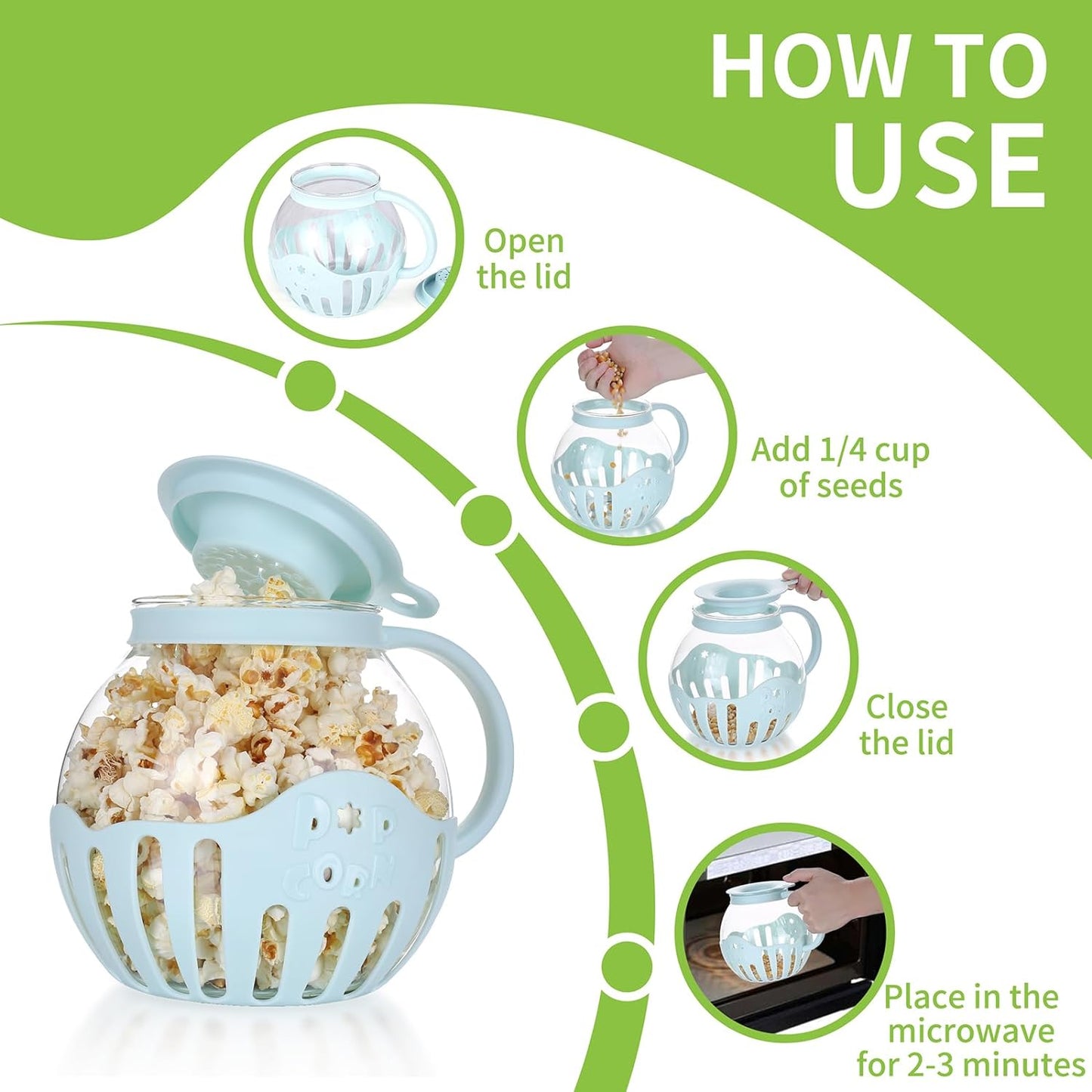 Glass Microwave Popcorn Popper, 2.25QT Original Popcorn Jar with Silicone Lid, Without BPA, Dishwasher Safe