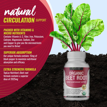 Organic Beet Root Powder Tablets 2040mg Energy & Circulation Support (90 Ct)