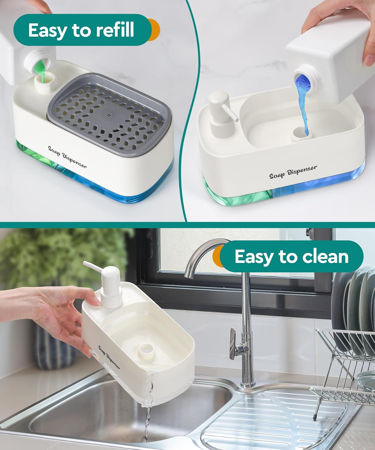 Kitchen Dish Soap Dispenser Set，Dish and Hand Soap Dispenser with Sponge Holder, 3-in-1 Countertop Sponge Dual Soap Pump Dispenser for Kitchen Sink
