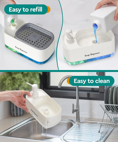 Kitchen Dish Soap Dispenser Set，Dish and Hand Soap Dispenser with Sponge Holder, 3-in-1 Countertop Sponge Dual Soap Pump Dispenser for Kitchen Sink