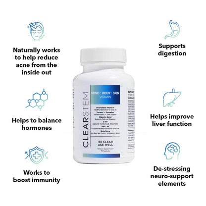 CLEARSTEM MINDBODYSKIN™ Vitamin Supplement – Hormonal Acne & Skin Balance Formula – 90 Capsules