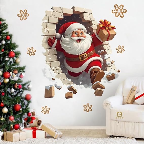 Santa Claus Breakthrough Wall Stickers - Removable Vinyl Christmas Stickers, Suitable forLiving Room and Home Decoration