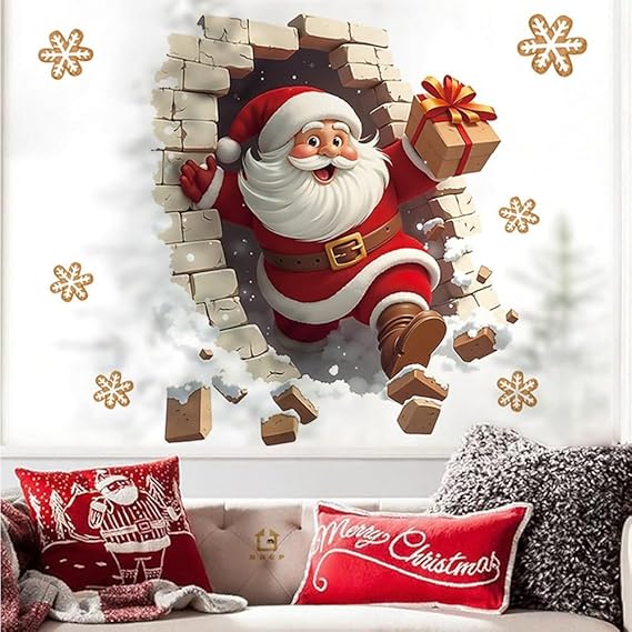 Santa Claus Breakthrough Wall Stickers - Removable Vinyl Christmas Stickers, Suitable forLiving Room and Home Decoration