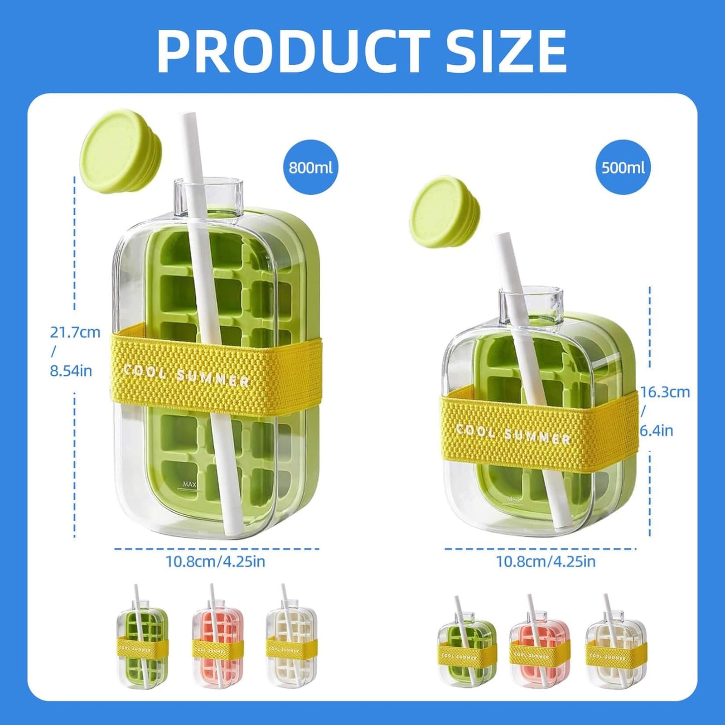 800ml 2-in-1 Ice Cube Maker Bottle – Water Bottle with Straw for Iced Drinks