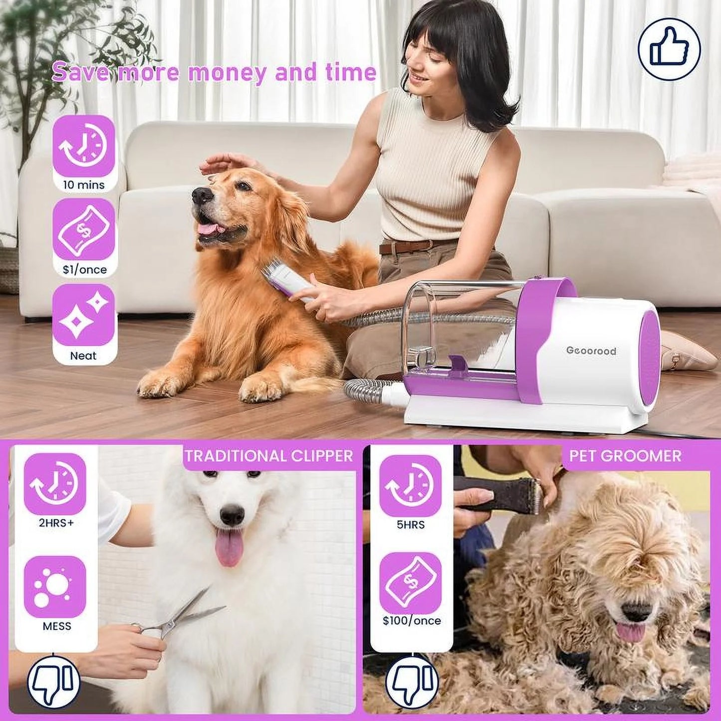 Pet Grooming Vacuum Kit – 2.5L Pet Hair Remover with Clipper & Tools