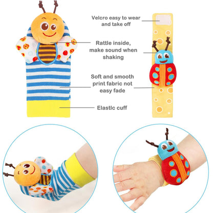 (2Sets)Wrist Rattle Socks and Foot Finder Set, Infant Girl Boy Toys for Babies 0-36 Months,Soft and Safe