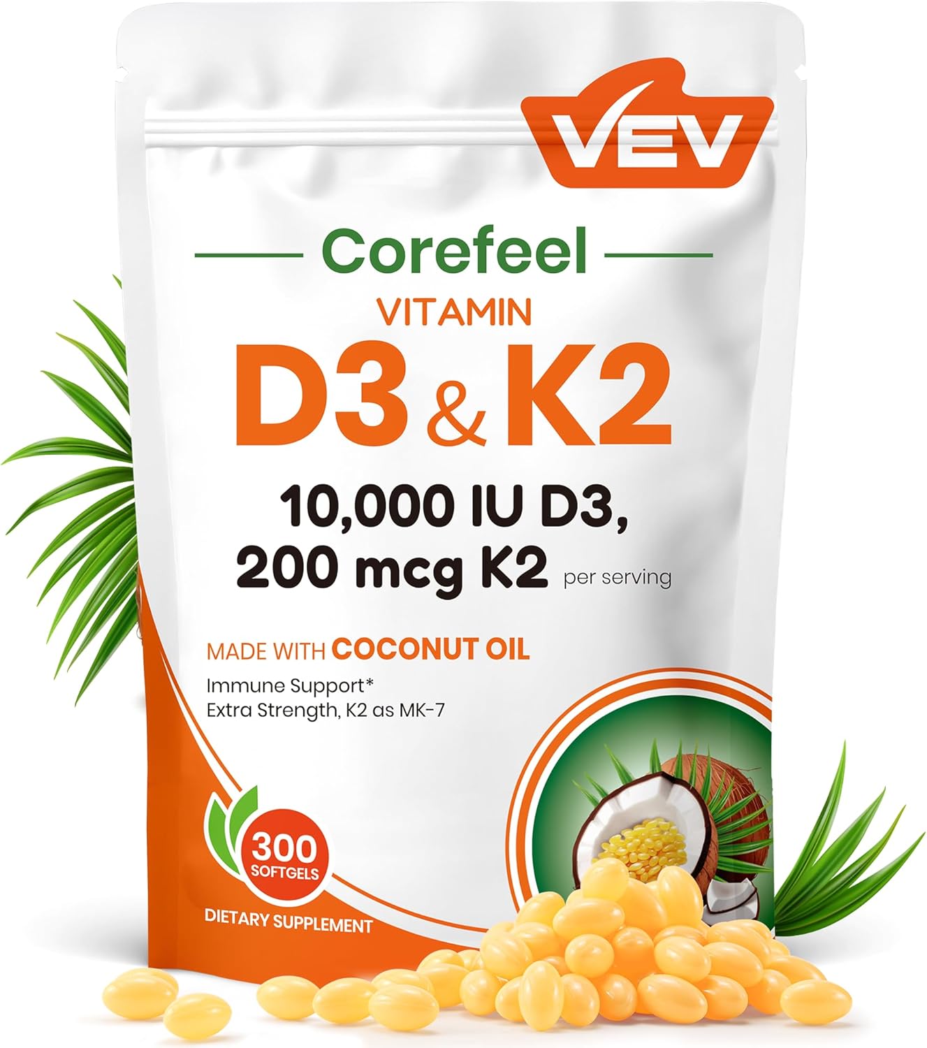 VEV Corefeel Vitamin D3 K2 10,000 IU, 200 mcg MK-7, 300 Coconut Oil Softgels, 2 in 1 Vitamins Supplement D & K (Include MK7), Easy to Swallow, Supports Calcium Absorption, Bone Health