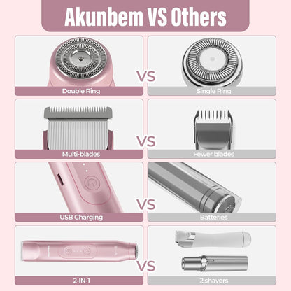 2 in 1 Women Electric Shaver Dual Head Bikini Trimmer IPX7 Waterproof Wet and Dry Dual Use Body Hair Trimmer Facial Hair Remover for Bikini Underarms Legs Arms Body Face Pink