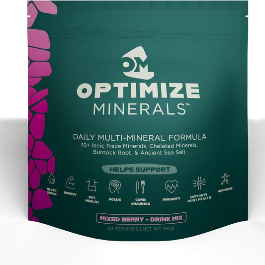 Optimize Minerals Multi Mineral Daily Formula – Magnesium, Electrolytes & Trace Mineral Supplement Powder - Gluten Free Vitamins Drink - Mixed Berry, 30 Servings