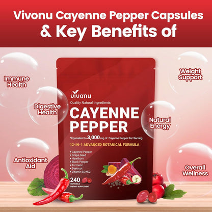Cayenne Pepper Softgels Supplement, Supports Leg Vein, Heart and Blood Vessel Health, with Vitamin E D3+K2 and Extracts of Grape Seed, Hawthorn, Beetroot, Berberine and Others(240 Softgels/1 Bag).