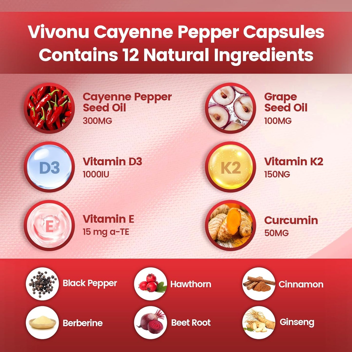 Cayenne Pepper Softgels Supplement, Supports Leg Vein, Heart and Blood Vessel Health, with Vitamin E D3+K2 and Extracts of Grape Seed, Hawthorn, Beetroot, Berberine and Others(240 Softgels/1 Bag).