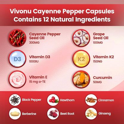 Cayenne Pepper Softgels Supplement, Supports Leg Vein, Heart and Blood Vessel Health, with Vitamin E D3+K2 and Extracts of Grape Seed, Hawthorn, Beetroot, Berberine and Others(240 Softgels/1 Bag).