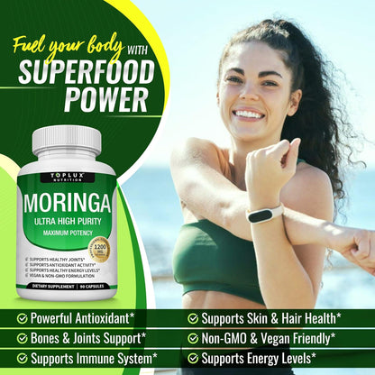 Moringa Capsules 1200mg – Pure Oleifera Leaf Superfood for Immune & Skin Health | Vegan, Non-GMO | 90 Capsules