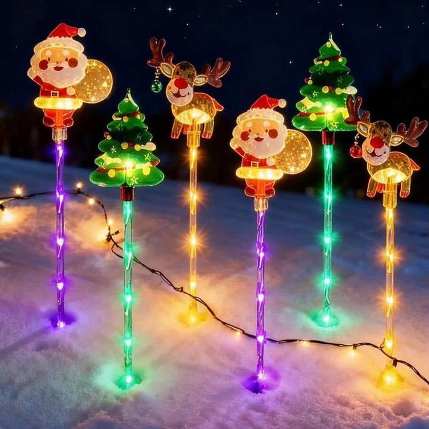 🎅 6-Pack Solar Christmas Decorative Lights Christmas-Themed LED Fairy Lights Featuring Santa Claus, Christmas Trees, and Reindeer Plastic Material IP44 Waterproof Rating Ideal for Lawn and Garden Pathway Decorations Holiday Decorations