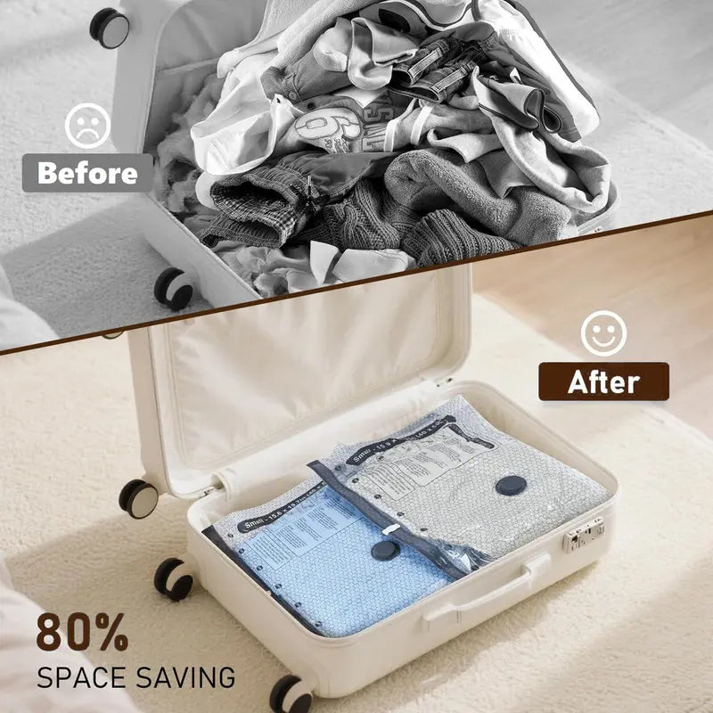 Travel Vacuum Storage Bag Set – 15-Pack Compression Bags for Carry-On Suitcases  – USB Rechargeable Handheld Pump with Built-In Battery – waterproof, reusable