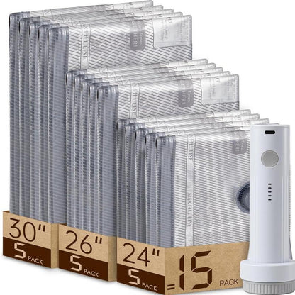 Travel Vacuum Storage Bag Set – 15-Pack Compression Bags for Carry-On Suitcases  – USB Rechargeable Handheld Pump with Built-In Battery – waterproof, reusable