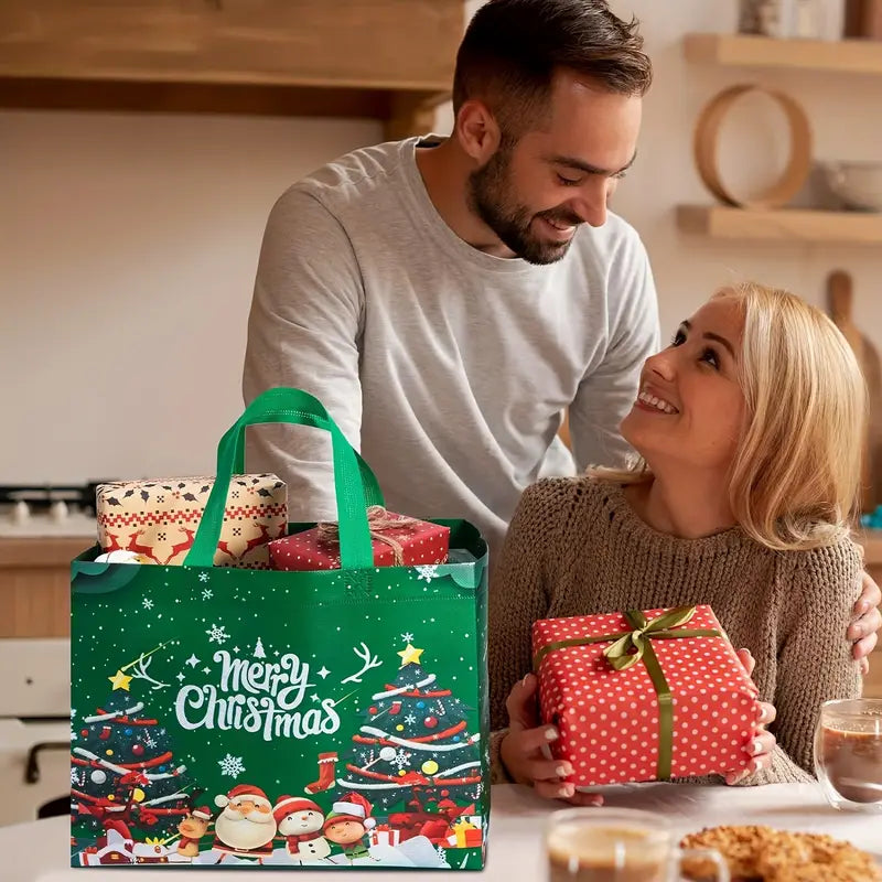 Reusable Christmas Gift Bags Set of 16 | Assorted Holiday Designs, Water-Resistant & Foldable for Easy Storage